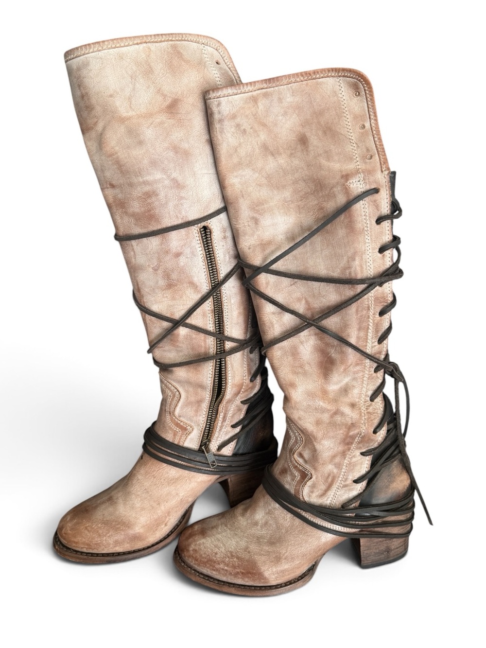 freebird Distressed Tan Coal Lace-Up Knee Boots Size 9